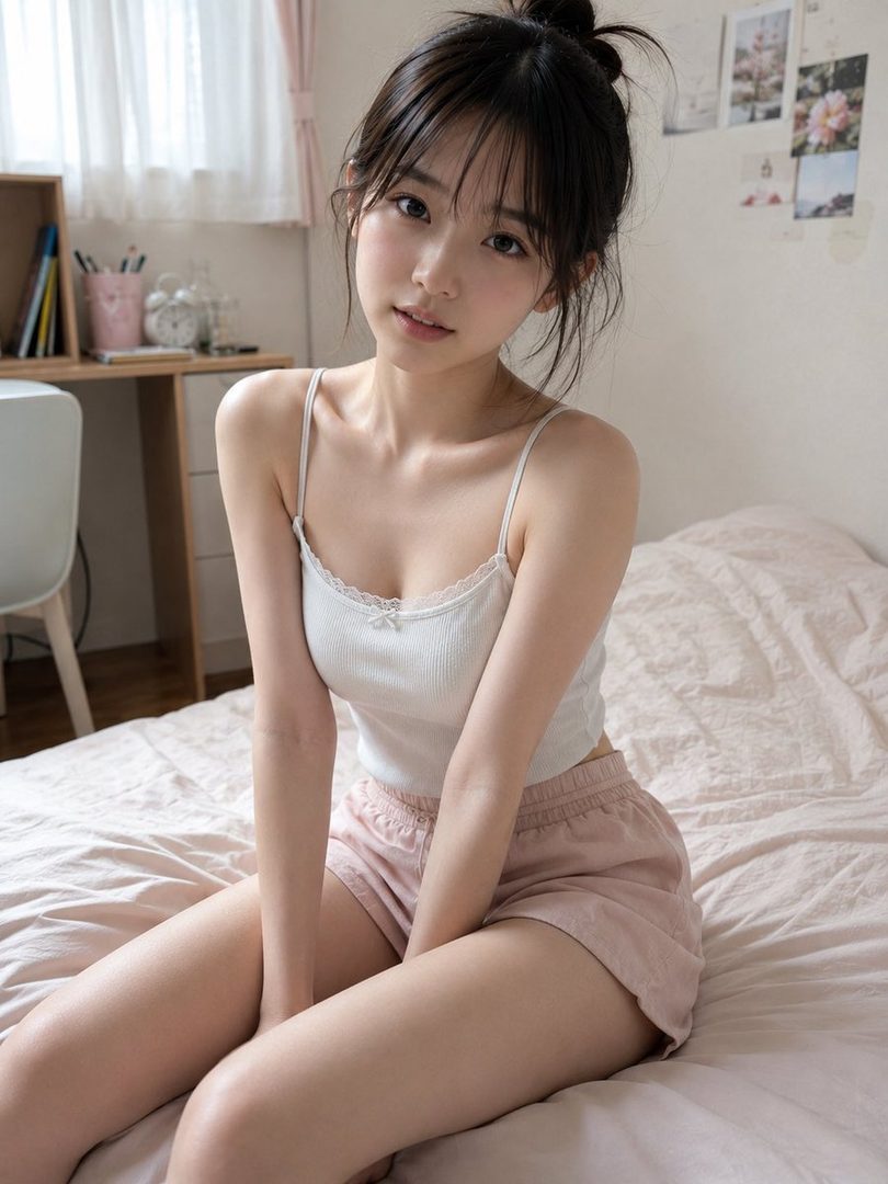 A young East Asian woman with black hair in a messy bun wearing a white camisole and pink shorts, sitting on a bed in a bright bedroom.