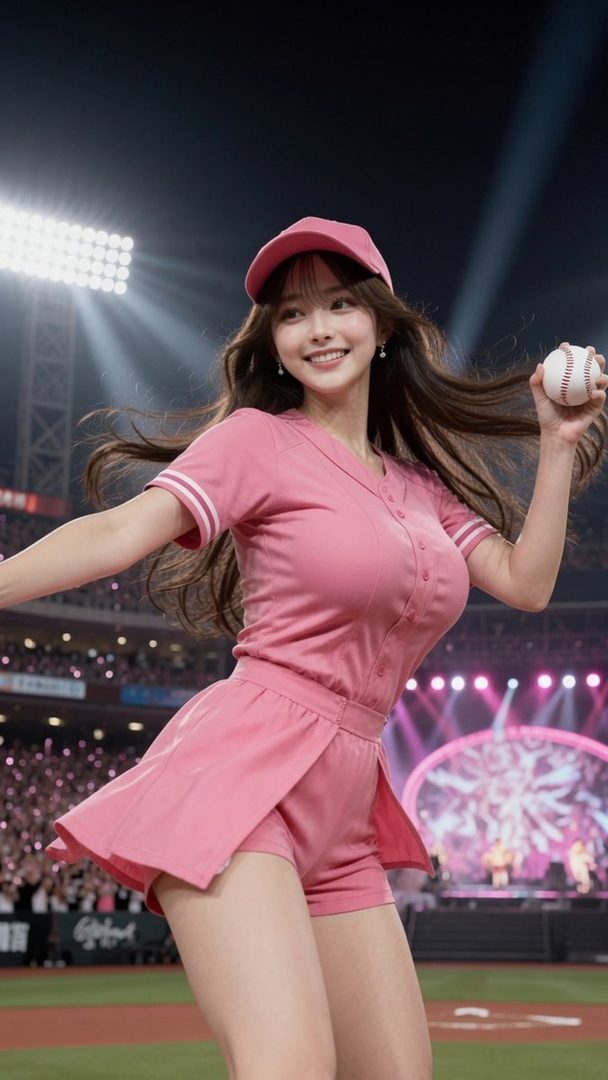 A smiling young woman in a pink baseball uniform poses dynamically at night in a brightly lit stadium while holding a baseball.