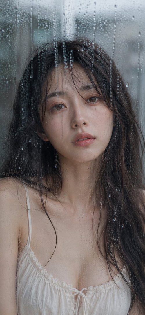 A young East Asian woman with long wet black hair gazes softly through a rain-streaked window in soft natural light.