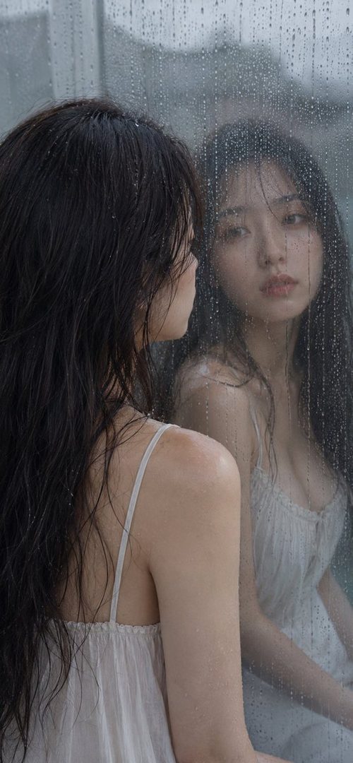 A young woman with long wet black hair gazes thoughtfully at her reflection through a rain-streaked window.