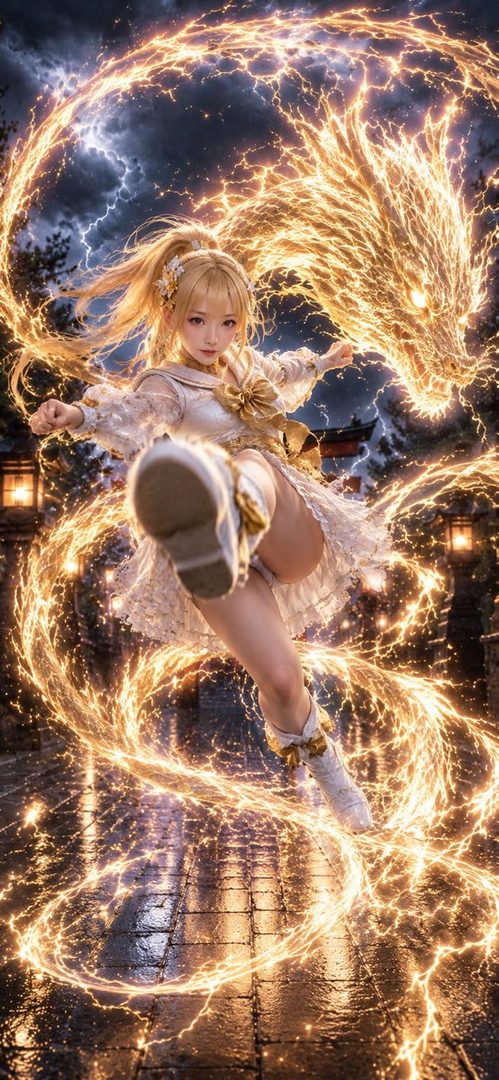 Blonde anime-style girl in frilly white and gold dress executes a dynamic lightning kick surrounded by a massive golden energy dragon at a rainy night street with lanterns.