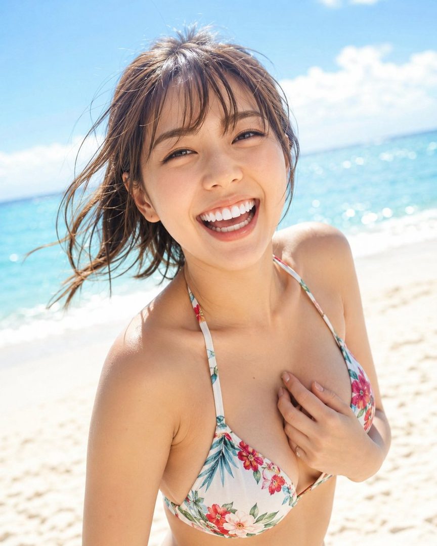 Smiling young woman in a floral bikini on a sunny tropical beach with ocean waves.