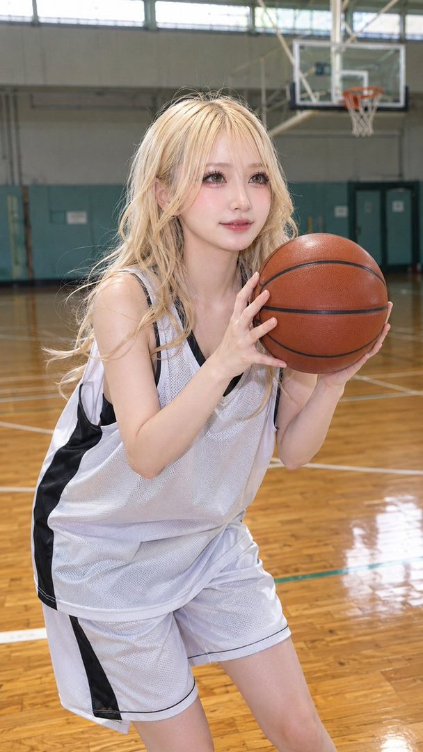 Blonde woman in a basketball uniform holding a ball inside a gymnasium.