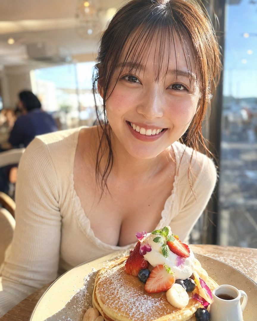 Smiling young woman with brown hair and a low-cut top posing with fruit-topped pancakes in a bright cafe.