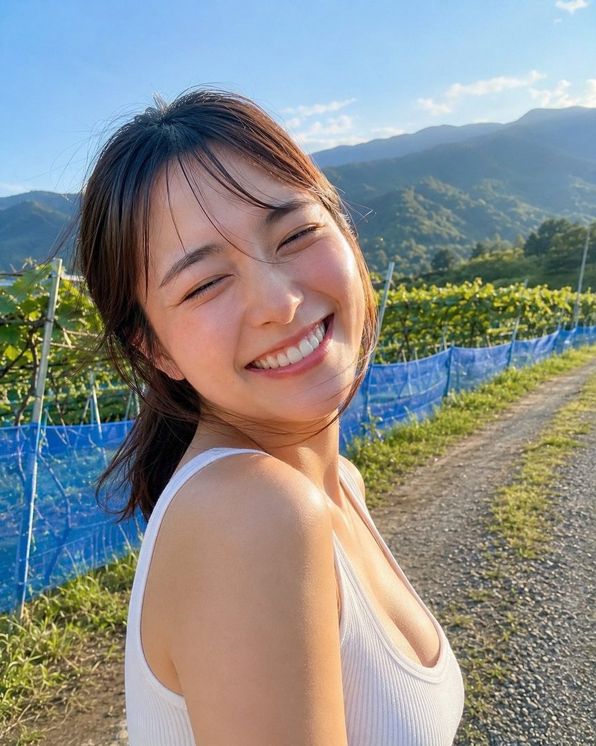 A smiling young woman with brown hair winking playfully in a sunny vineyard with mountains in the background.
