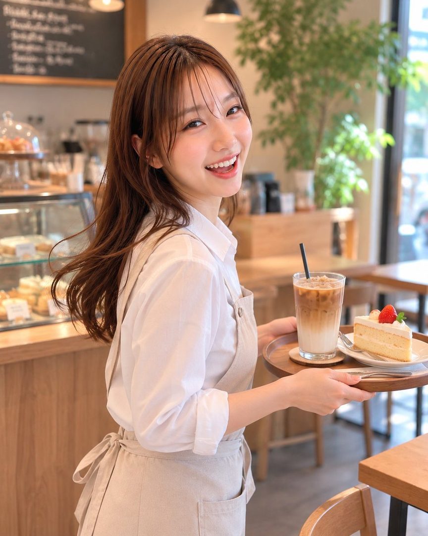 Smiling young woman in a cafe apron holding a tray with iced coffee and strawberry cake.