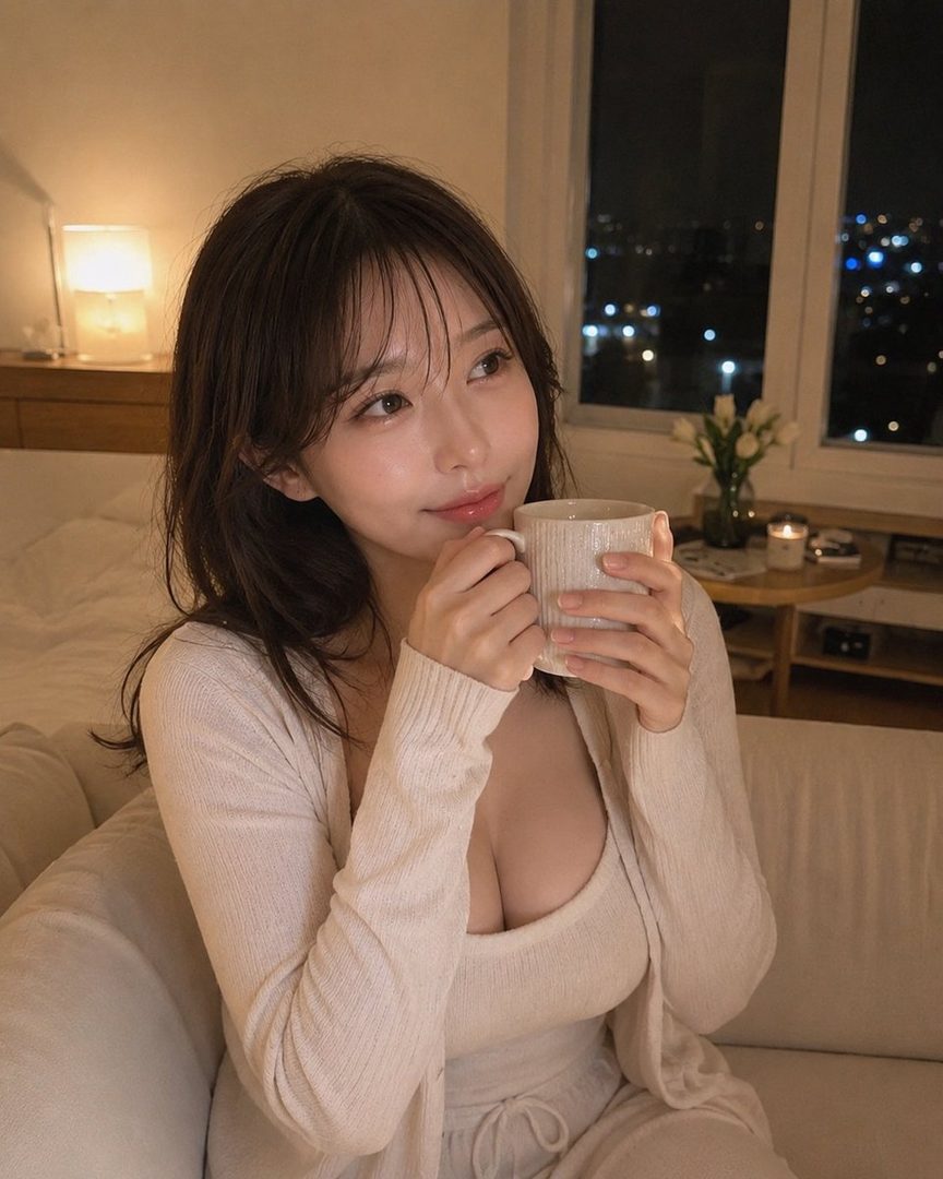 Young woman with long dark hair in a cozy knit sweater holding a mug while seated in a softly lit nighttime living room with city lights visible.