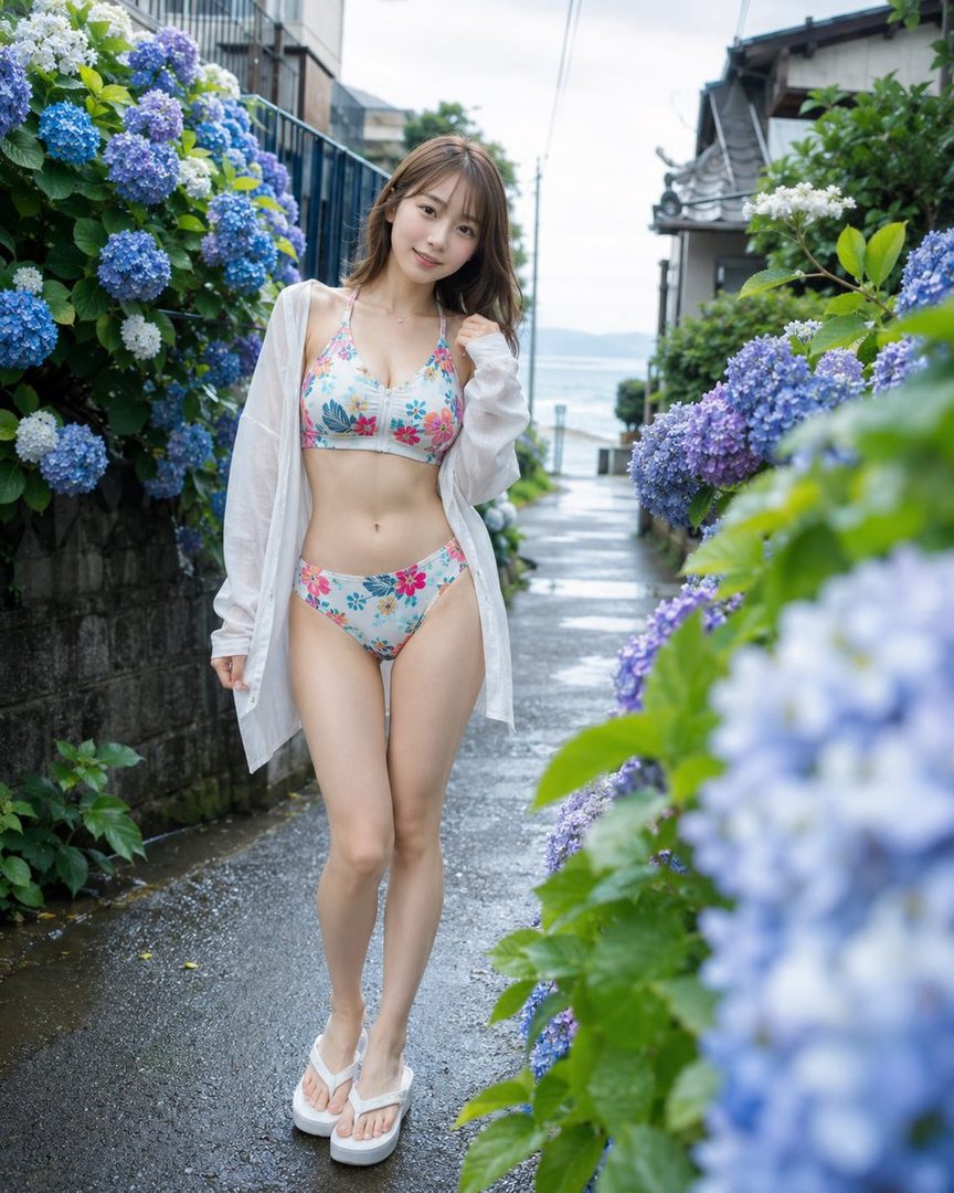 Young woman in floral bikini and sheer white shirt posing on a wet hydrangea-lined path overlooking the sea after rain.