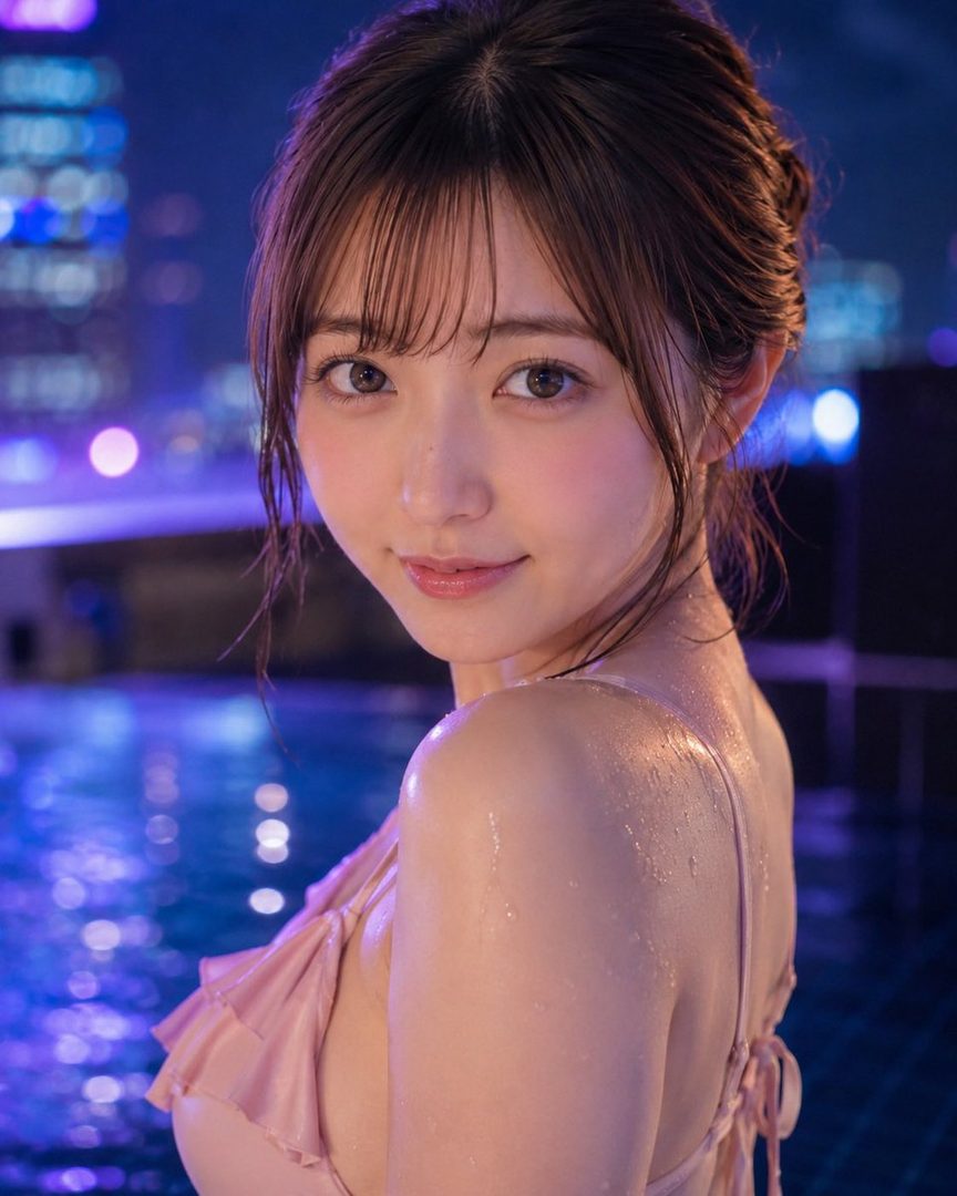 A young East Asian woman with wet brown hair and glistening skin smiles over her shoulder by a glowing night pool in a pink ruffled swimsuit.
