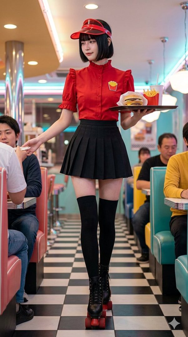 A young woman in a retro diner uniform, including a red shirt, black pleated skirt, and roller skates, serves a burger and fries on a tray.