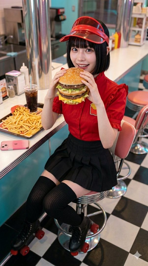 A young woman in a red diner uniform, black pleated skirt, and roller skates, happily holds a large burger in a retro diner setting.