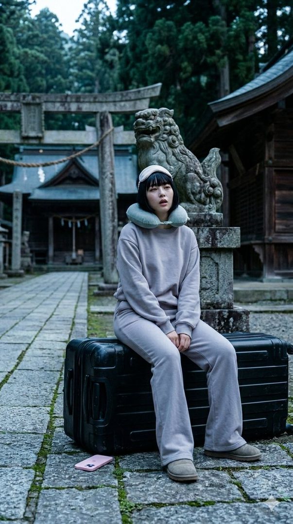 A tired-looking woman in a grey tracksuit, sleep mask, and travel pillow sits on a black suitcase on the stone path of a Japanese temple, with a stone guardian lion and torii gate in the background.