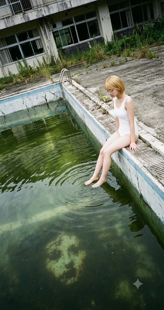 Young woman with short blonde hair wearing a white swimsuit sitting on the edge of an abandoned overgrown pool.
