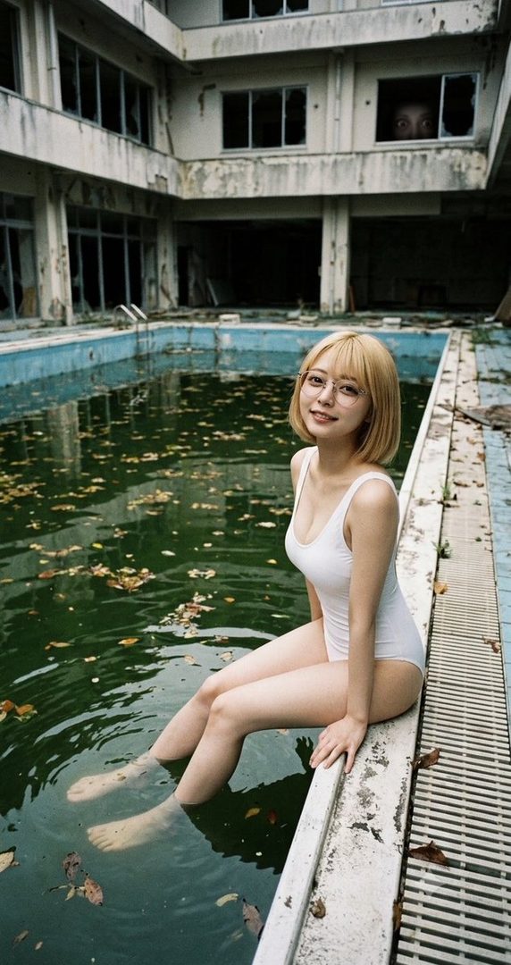 Young blonde woman in white swimsuit sitting at the edge of an abandoned overgrown pool in a derelict building.