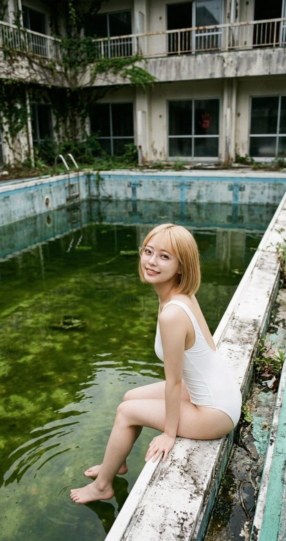 A young blonde woman in a white one-piece swimsuit sits on the edge of an abandoned algae-filled swimming pool.