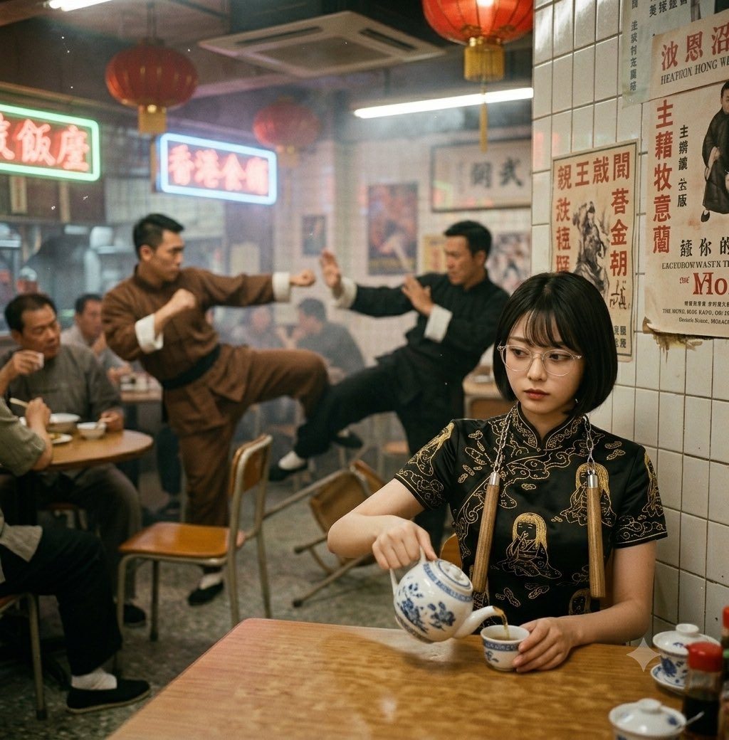 Young woman with short black bob and glasses in an ornate black qipao pouring tea inside a lively retro Chinatown restaurant with martial artists training in the background.