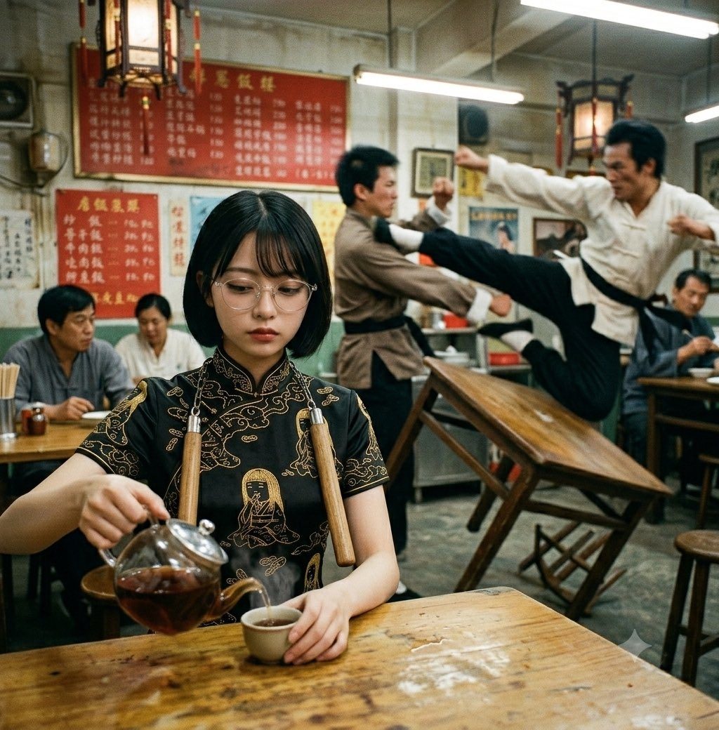 Young woman with short black bob and glasses in embroidered black qipao pouring tea at a wooden table inside a lively Chinese restaurant with martial artists training in the background.