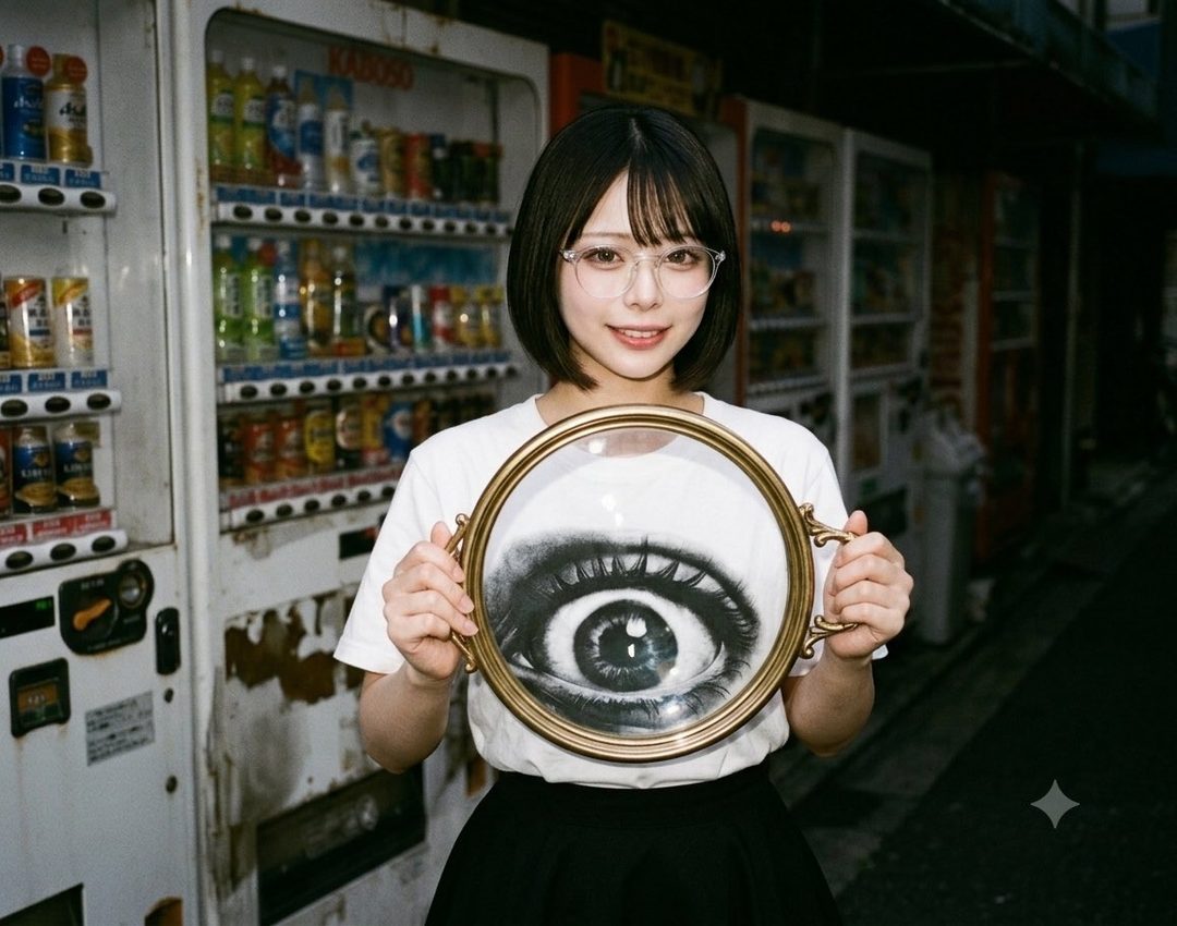 Young Japanese woman with short black bob hair and glasses holding a large ornate frame with a giant eye graphic in front of vending machines at night.
