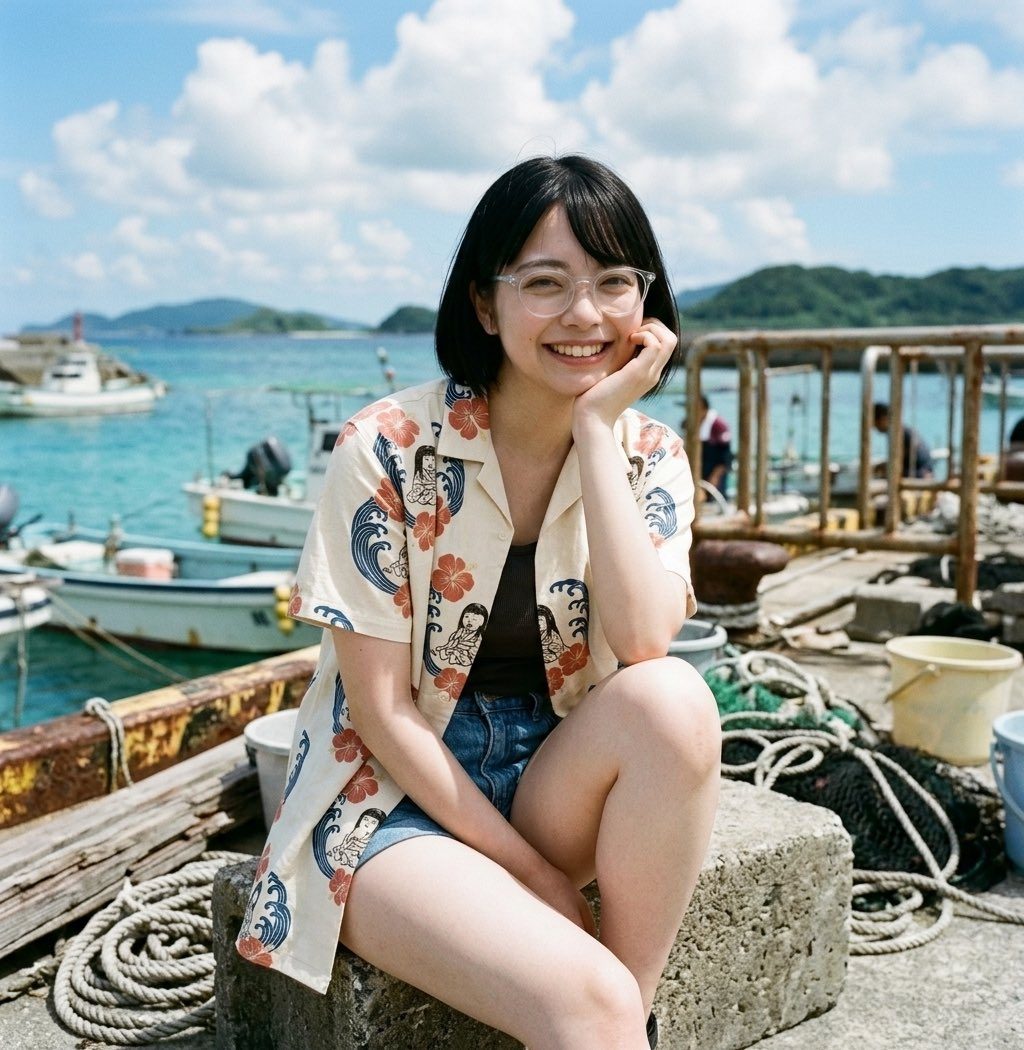 A smiling young woman with short black hair and glasses in a patterned shirt sitting by a sunny harbor with boats in the background.
