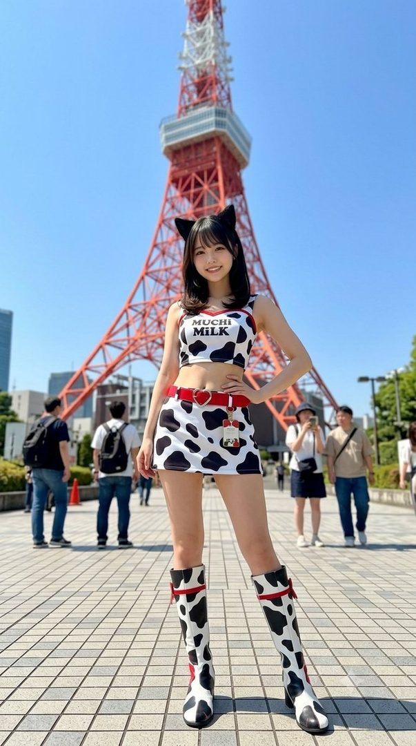 Young woman in playful cow-print cosplay outfit posing confidently in front of Tokyo Tower on a bright sunny day.