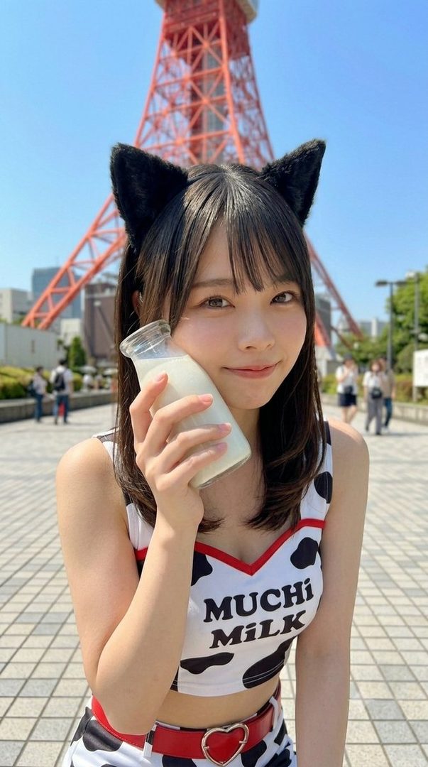 Young woman in cow-print cosplay with cat ears holding milk in front of Tokyo Tower on a sunny day.
