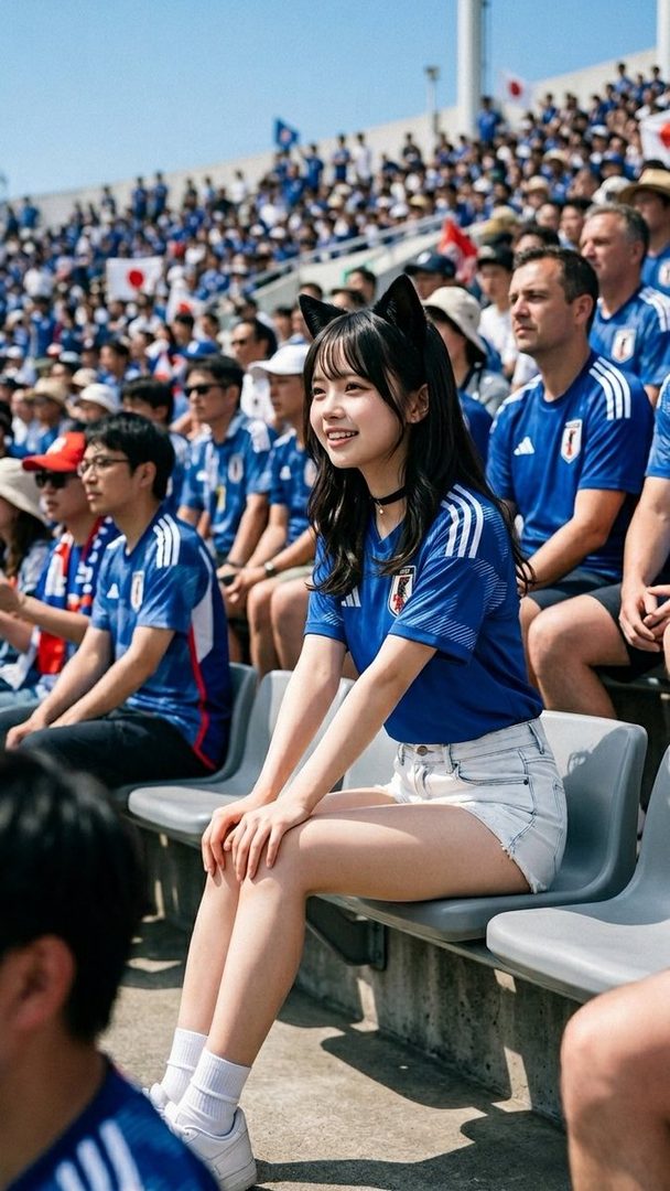 Young Japanese woman with cat ears and a blue soccer jersey smiling while seated in a sunny stadium crowd.