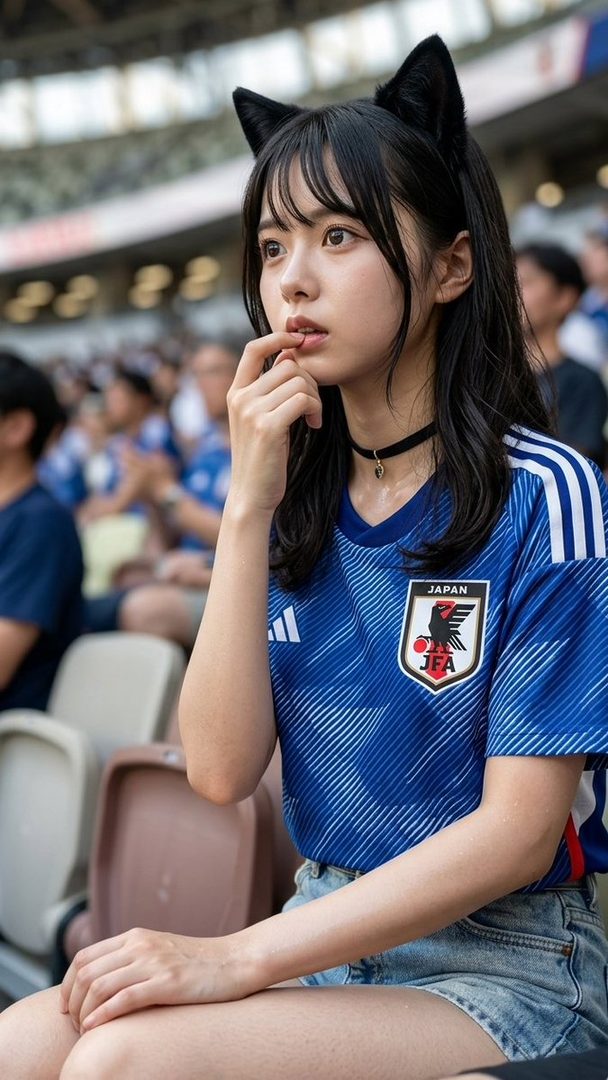 Young Japanese woman with black hair and cat ears wearing a blue Japan soccer jersey, sitting thoughtfully in a stadium seat.