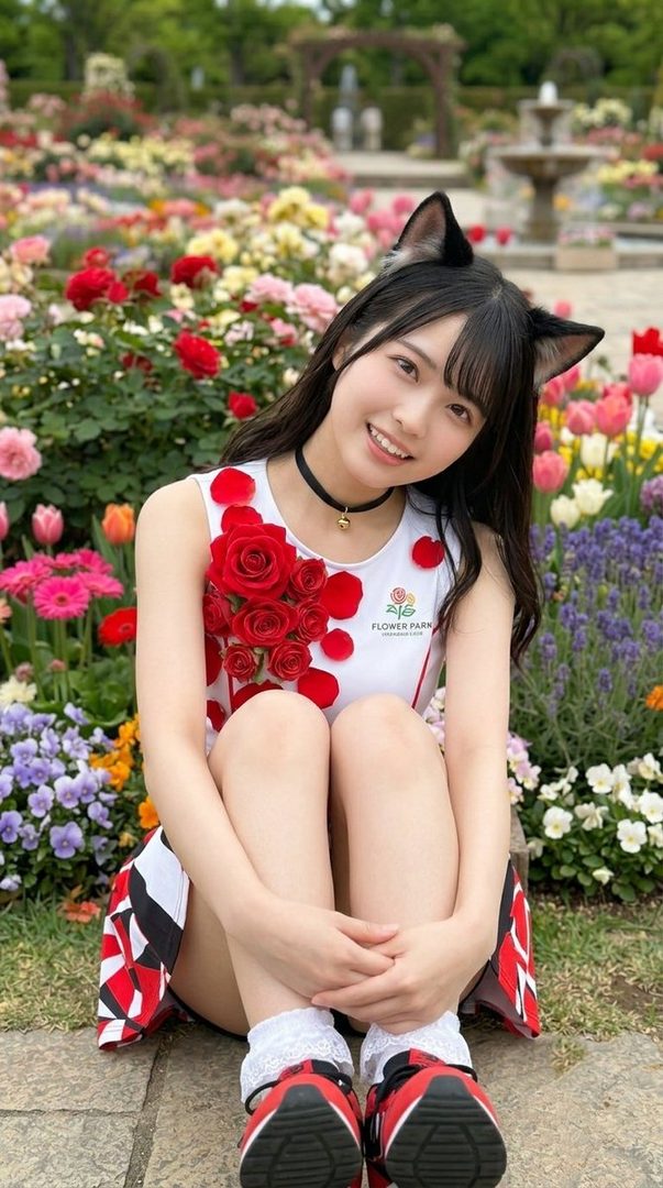 Young woman in cat-ear cosplay with red rose accents sitting among colorful tulips in a flower garden.