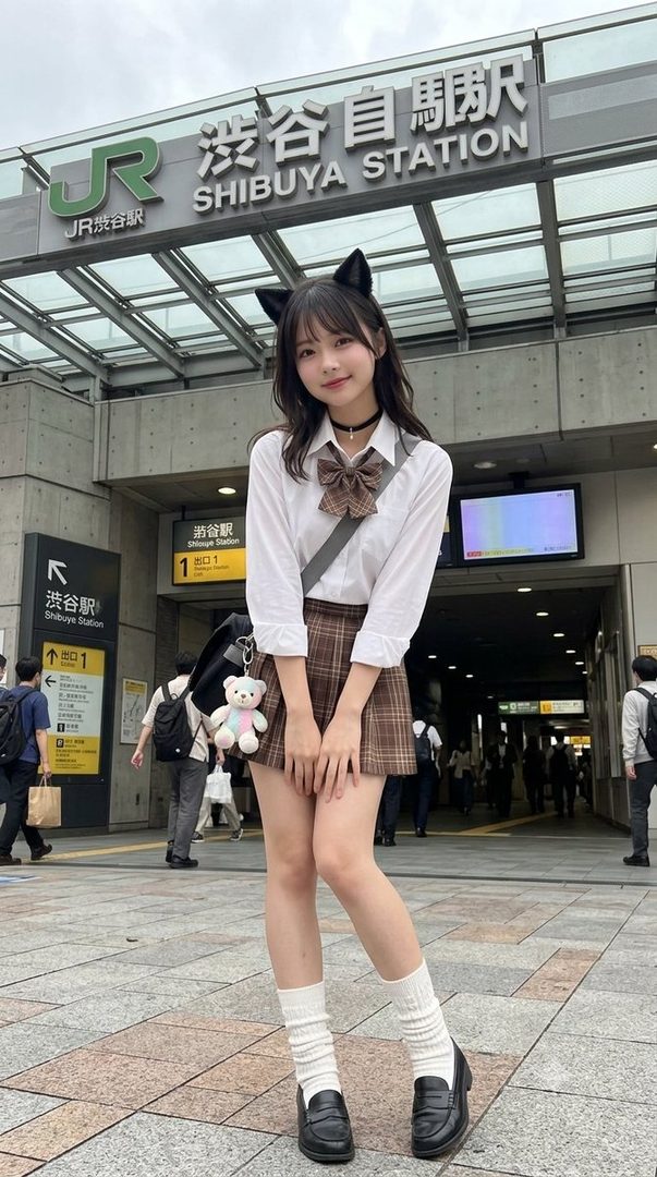 Young woman in Japanese school uniform with cat ears posing at Shibuya Station entrance