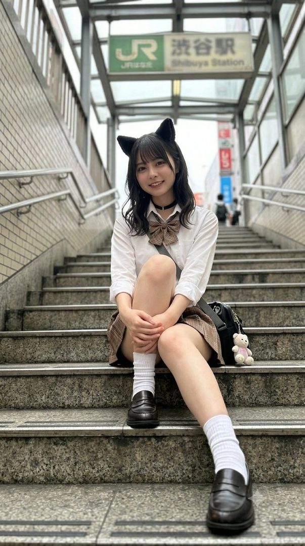 Young woman in school uniform cosplay with cat ears sitting on stairs at Shibuya Station.