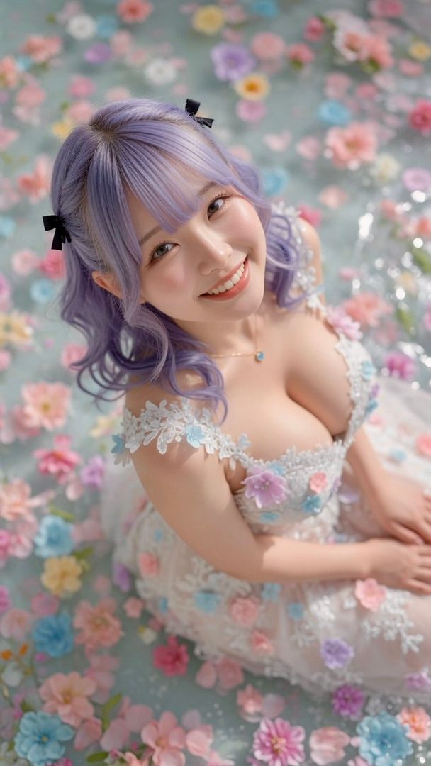A smiling young woman with lavender hair wearing a floral dress, surrounded by colorful floating flowers in a dreamy setting.
