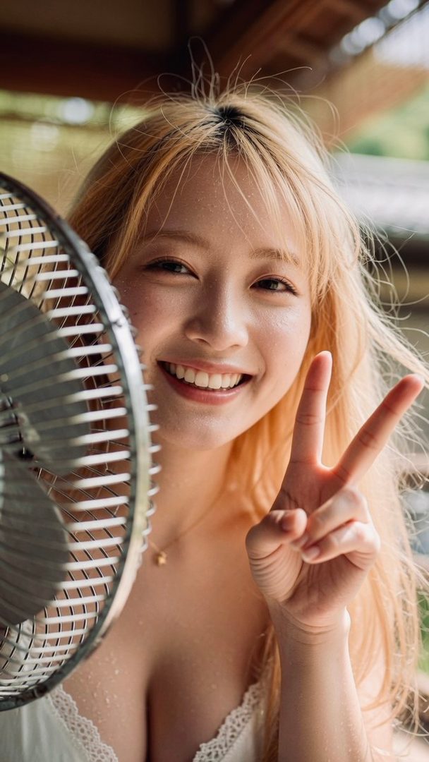 A smiling young blonde woman in a white lace top makes a peace sign while holding a fan close to her face, with water droplets on her skin.