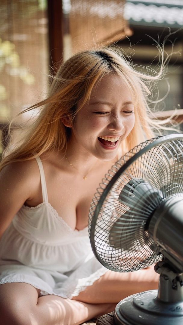 A young blonde woman in a white dress smiles joyfully with eyes closed as a fan blows her hair in an indoor setting.
