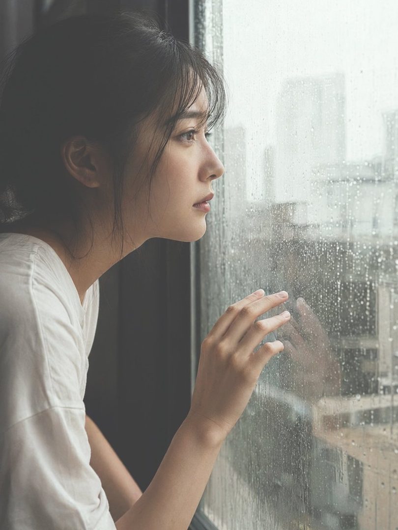 A young East Asian woman with dark hair gazes thoughtfully out a rain-streaked window overlooking city buildings.