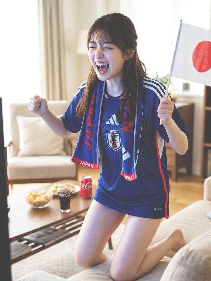 A young Japanese woman in a blue soccer jersey cheering excitedly while holding a Japanese flag in a bright living room.