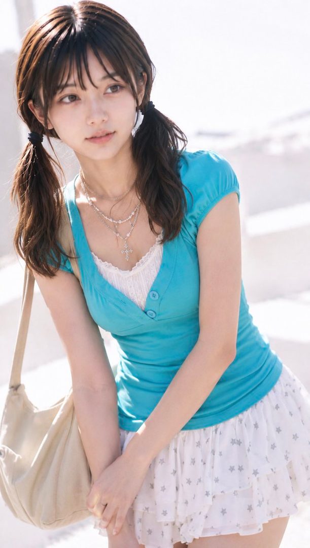 Young woman with brown pigtails wearing a turquoise top and white star-patterned skirt outdoors in bright daylight.