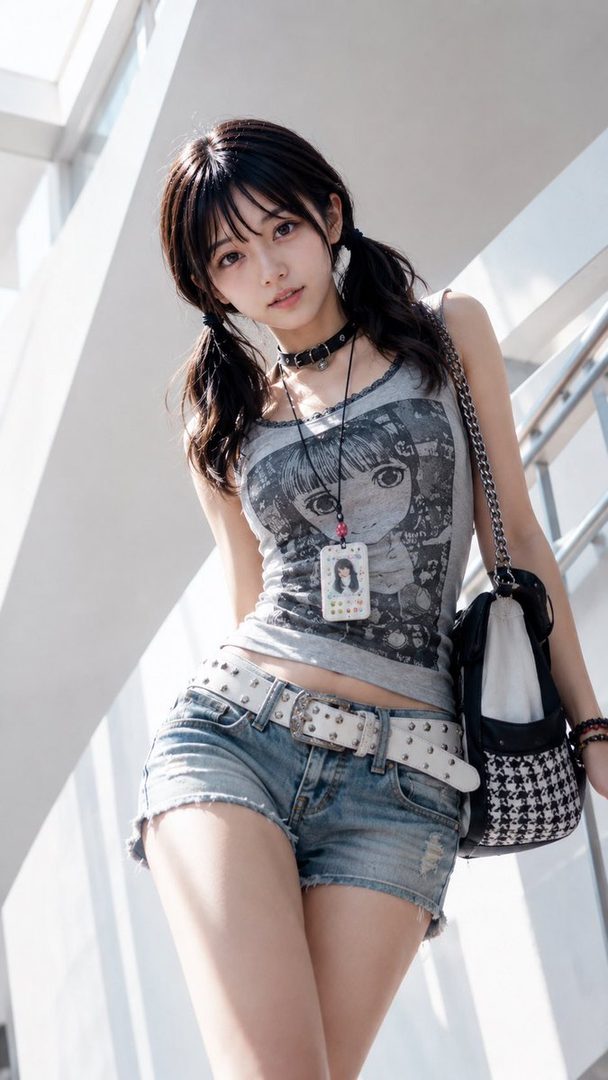 Young woman with black twintails wearing a graphic tank top, studded belt and denim shorts poses in a bright modern architectural space.