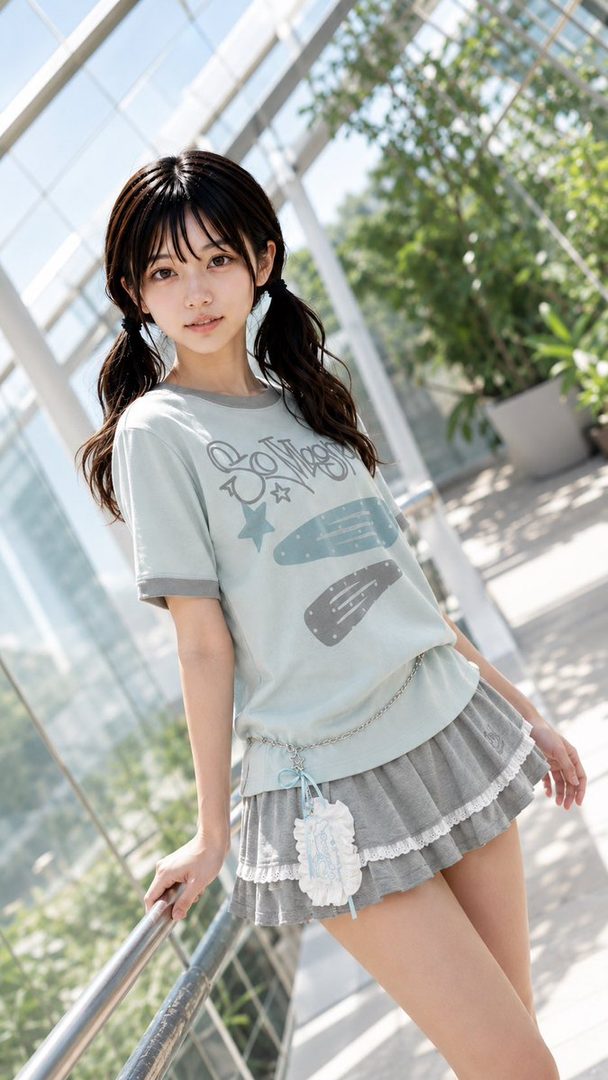 Young woman with dark twintails wearing a graphic t-shirt and pleated mini skirt posing by a railing in a bright modern atrium.