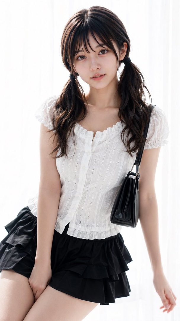 Young woman with dark twintails in a white ruffled blouse and black tiered skirt posing against a bright indoor backdrop.