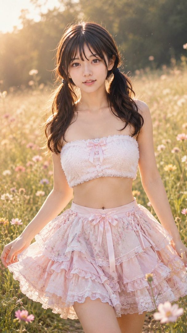 Young woman in a pink lace crop top and tiered ruffled skirt posing in a sunlit flower meadow.