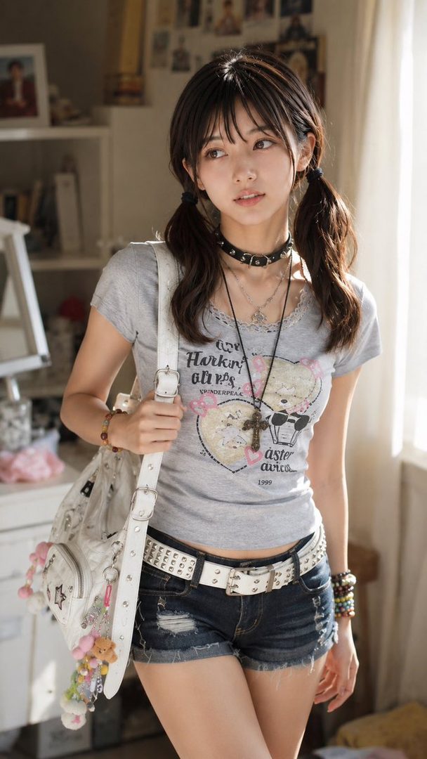 Young woman with brown pigtails wearing a graphic tee and denim shorts, posing indoors while holding a decorated white bag.