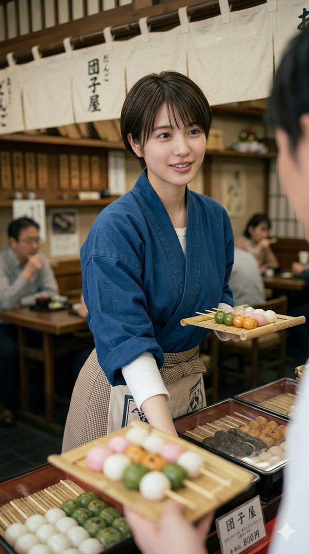 A smiling young Japanese woman in a blue kimono serving colorful dango skewers in a traditional sweets shop.