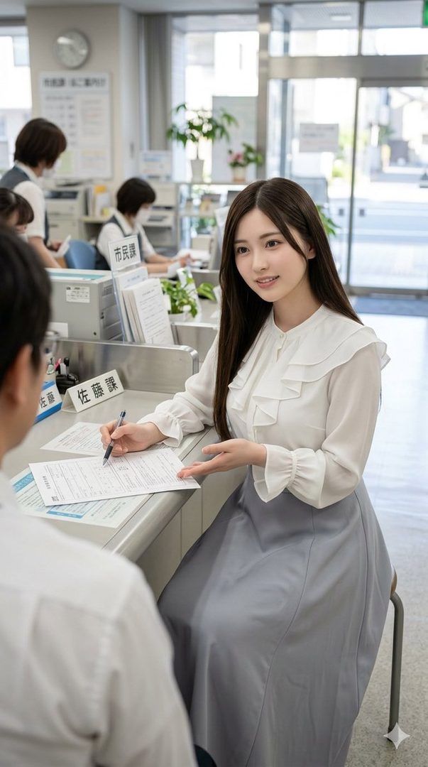 A young Japanese woman with long brown hair wearing a white ruffled blouse and gray skirt sits at a city hall counter writing on documents.