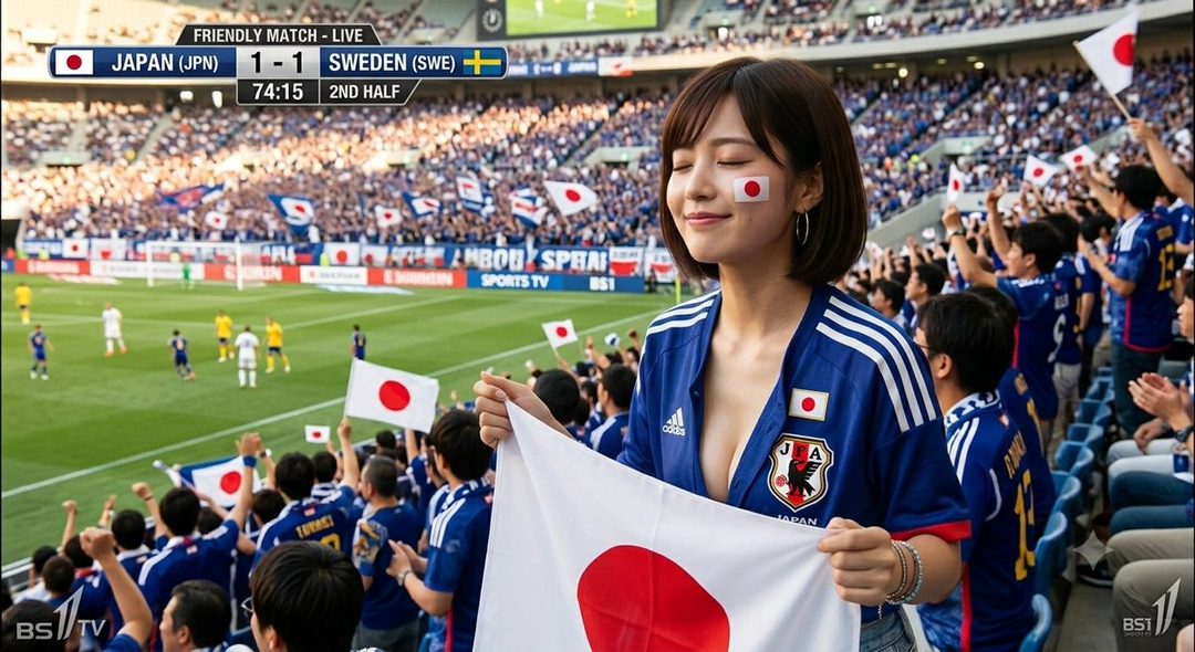 Attractive Japanese woman in open Japan national team jersey holding a flag in a crowded soccer stadium during a live match.