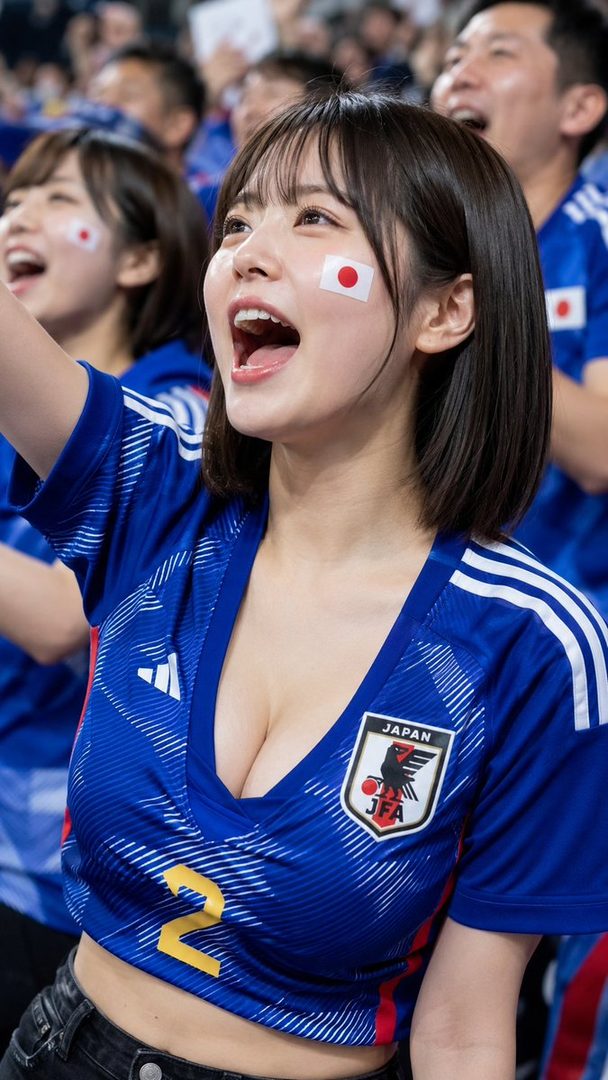 Young Japanese woman in a cropped Japan soccer jersey cheering excitedly with face paint at a stadium event.