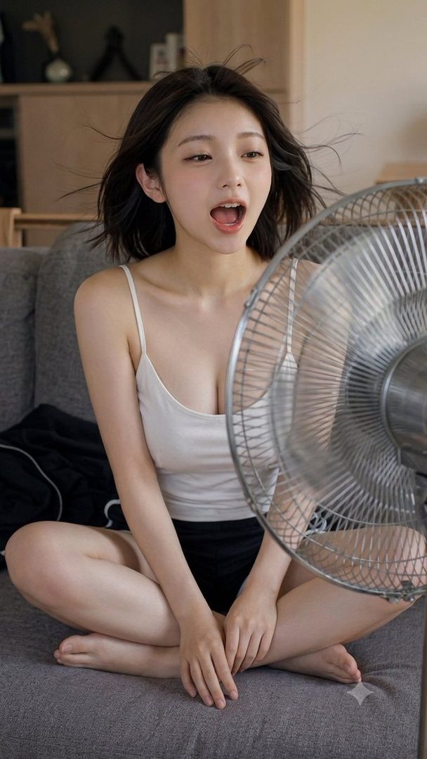Young East Asian woman in a white tank top sitting on a gray couch with a fan blowing her hair, mouth open in surprise.