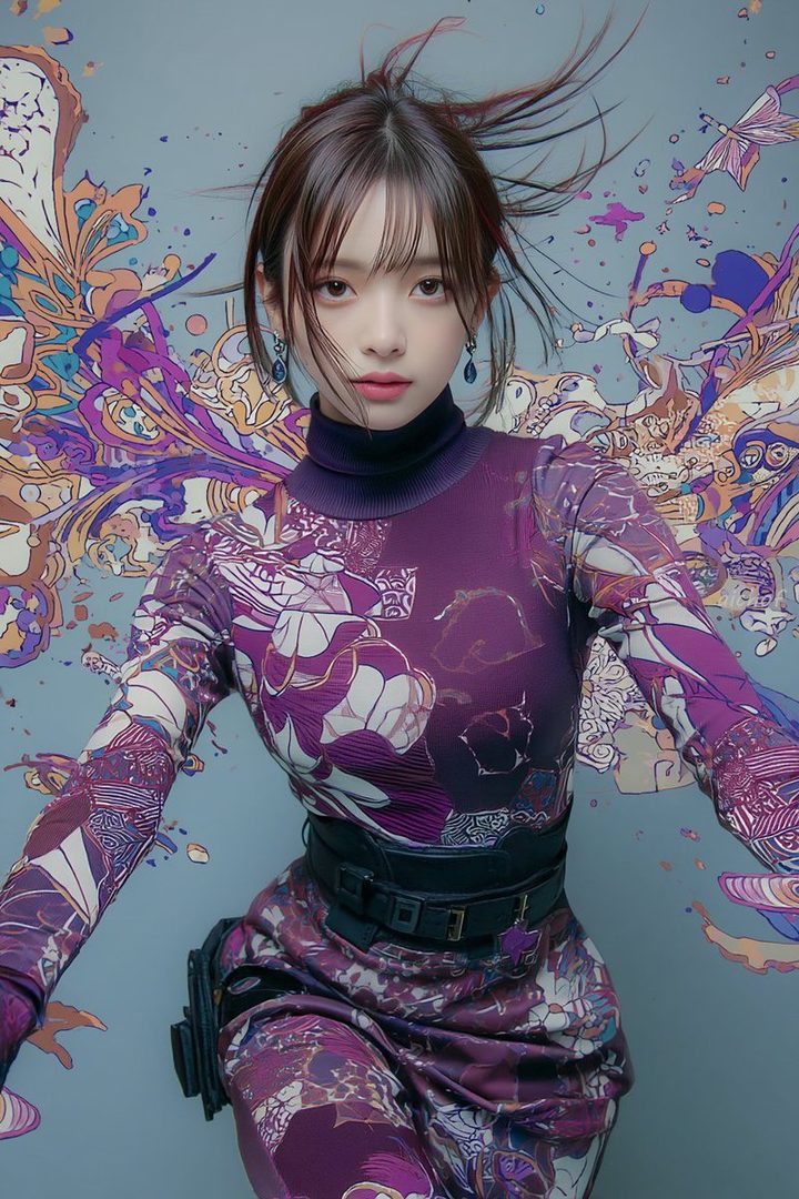 Young East Asian woman with flowing brown hair and bangs wearing a purple patterned turtleneck outfit against a vibrant abstract butterfly background.