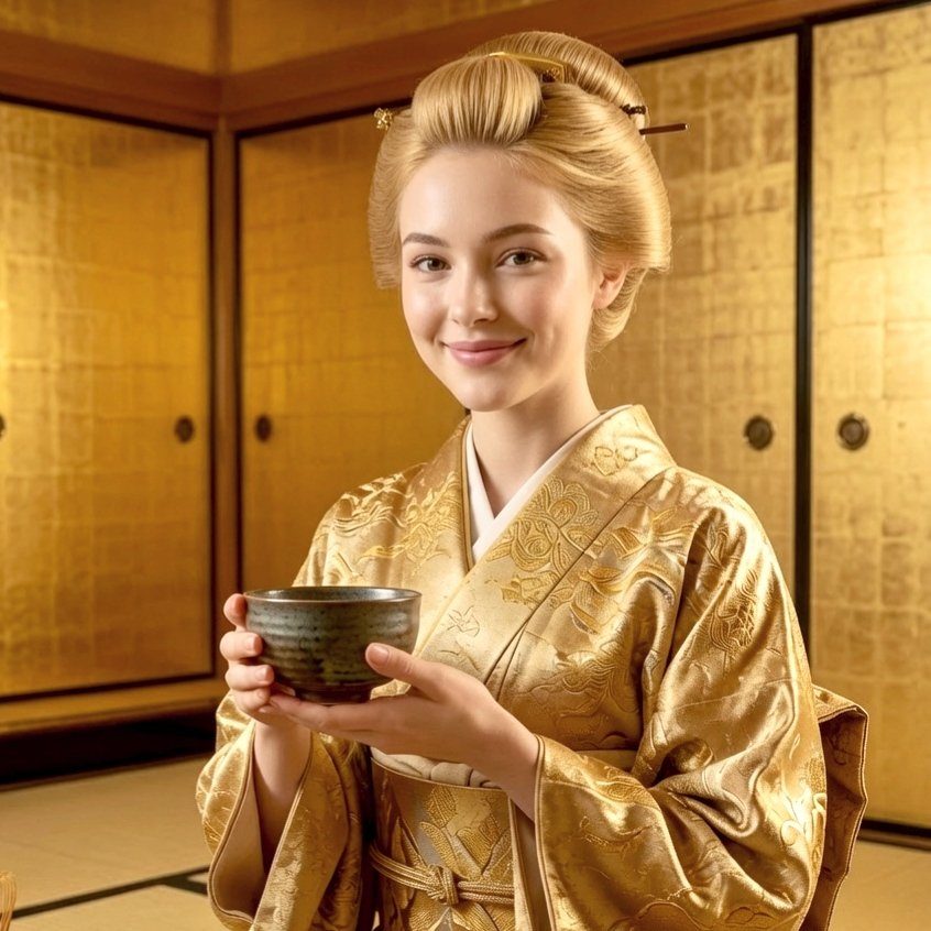 A young blonde woman in an elegant golden kimono holding a tea bowl inside a luxurious traditional Japanese room with golden folding screens.