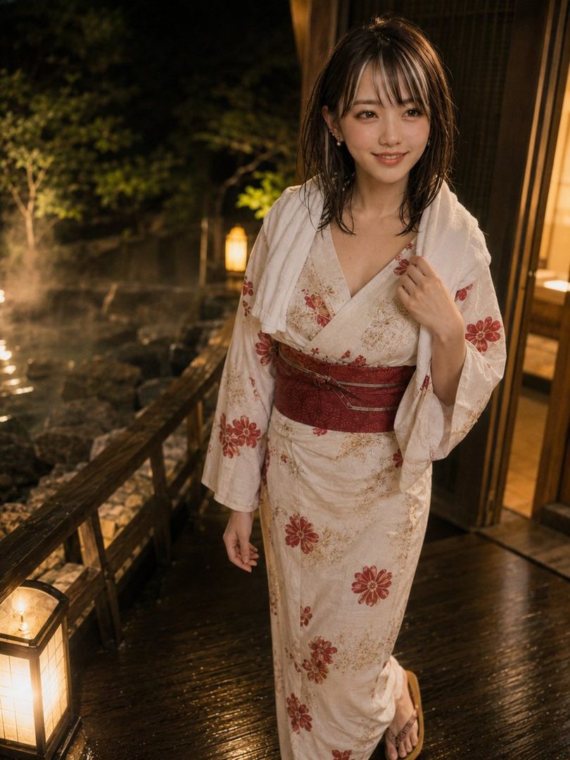 Young woman in a floral yukata posing on a wooden deck beside a steaming outdoor onsen at night.