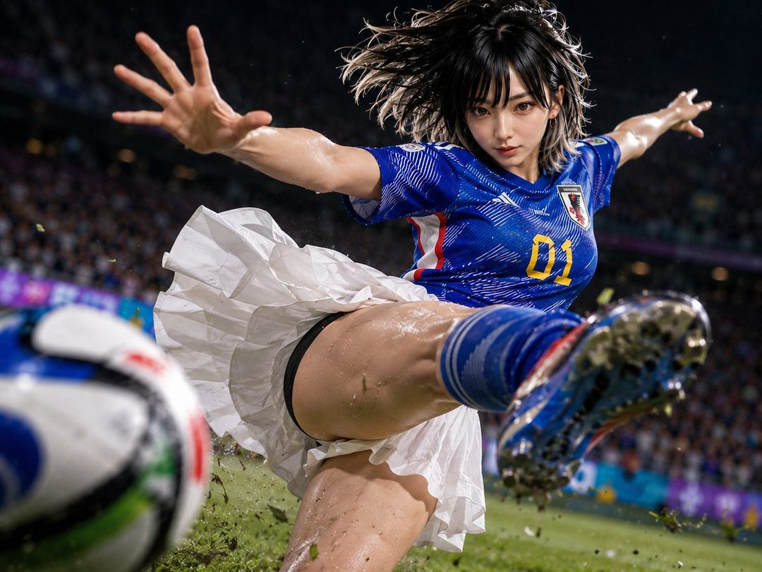 Dynamic nighttime action shot of a young Japanese woman in a blue soccer jersey powerfully kicking a ball on a stadium field.